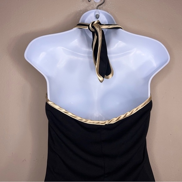 Large Juniors Vintage Y2K La Belle Dress Black Gold Satin Halter Layered Retro - Picture 9 of 13